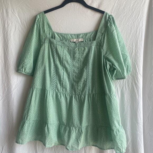 LOFT Tops - NWT Loft Womens Green Dotted Lacy Tiered Square Neck Puff Sleeve Blouse Size XL
